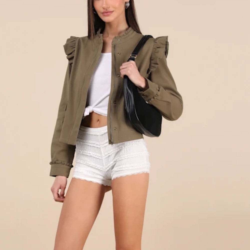 Lulu’s Olive Ruffle Trim Utility Jacket - Picture 4 of 6